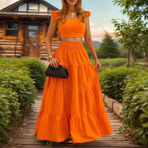 <span class=keywords><strong>Conjunto</strong></span> de 2 piezas <span class=keywords><strong>para</strong></span> mujer al por mayor: Top corto sin mangas con volantes y vestido maxi escalonado con cintura elástica <span class=keywords><strong>para</strong></span> fiesta en la playa o uso diario - Product Image 3