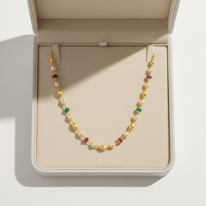 Traditional Indian Gold Pearl <b>Bead</b> <b>Necklace</b> for Women Elegant Bridal Wedding Jewelry with Red and Green <b>Beads</b> - Product Image 1