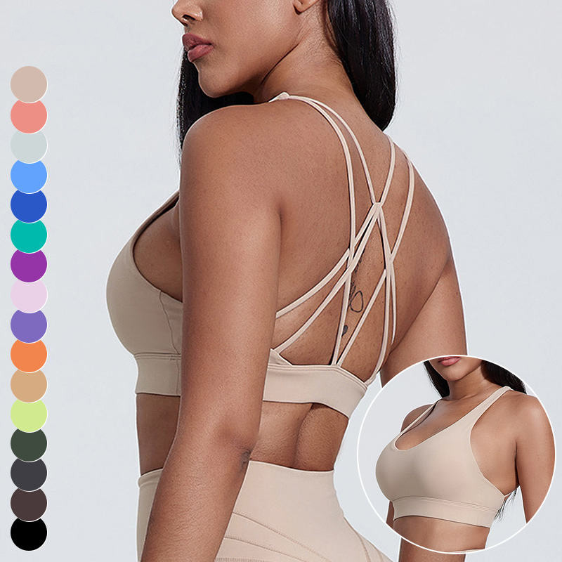 Thin Shoulder Strap V Neck Cross Back Workout Bra High Elastic Sport Underwear Sleeveless Fitness Yoga Top Sports Bra for Women