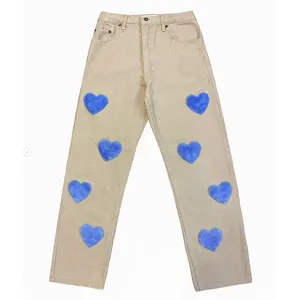 DiZNEW新しいファッションブルーハートアップリケルーズストレートジーンズヒップホップカジュアルパンツバギージーンズパンツ男性用パンツ