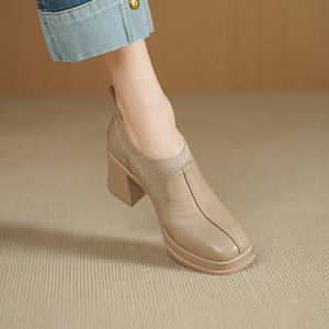 Zapato de Tacón Alto de Plataforma con Punta Cuadrada, Estilo Retro, de Cuero Genuino Suave, con Combinación de Piel de Oveja, Talla Grande - Product Image 5