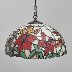 LongHuiJing Tiffany Pendant <b>Light</b> Fixture Red Flower Stained Glass Lampshade <b>Light</b> Hanging Lamp Wide 12 Inch Height 31.5Inch - Product Image 2