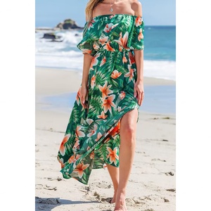 Nouvelle robe longue corset à volants, épaules dénudées, design tropical vert et orange - Product Image 2