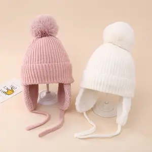 חורף חם סרוג כובע תינוק כובע בנות הגנה האוזן בנות 5-12 שנים ילדים ילדים מעופף eflap eap כובע חם עם פונם