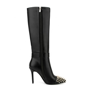 New Pointy Toe Metal Rivets High Thin Heel Long Booties Side Zipper Fashion Buckles Solid Knee High <b>Boots</b> for Women - Product Image 2