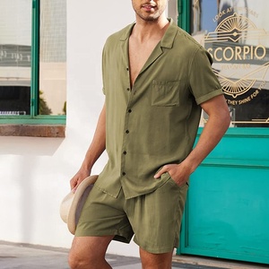 Set di costumi da bagno in cotone da <span class=keywords><strong>uomo</strong></span> in cotone e due pezzi tuta bianca abbinata alla camicia da spiaggia pantaloncini sportivi vestiti estivi - Product Image 3