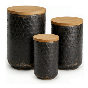 กระปุกเซรามิคลายนูนรูปทรงรังผึ้ง สีเหลืองแบบดิสเทรส พร้อมฝาไม้ไผ่ สำหรับจัดระเบียบบนเคาน์เตอร์ - Product Image 3