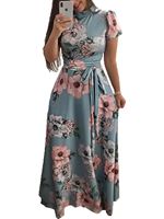 Vestidos Maxi de Verano de Gasa con Estampado Floral, Impresión Digital, Manga Larga, Cuello Redondo, Cintura Alta, Corte Holgado, Lavables para Mujer