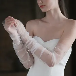 优雅的长薄纱透明白色黑色无袖珍珠无指结婚手套，适合正式场合晚会