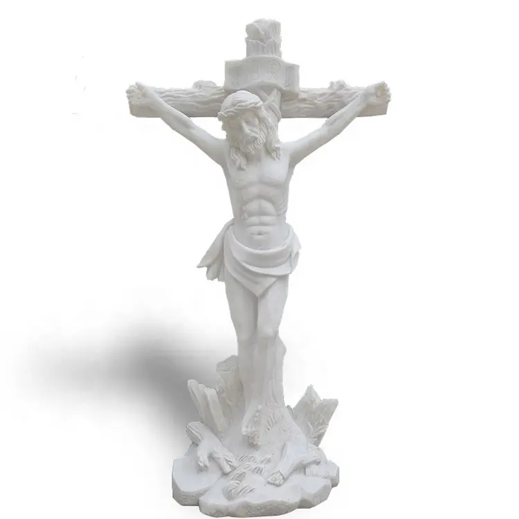 Statue en marbre blanc, pierre naturelle sculptée à la main, jésus, fixé sur la croix