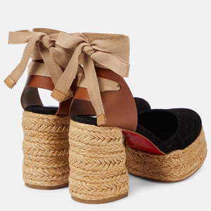 Sandales à talons hauts épais tressées en paille avec brides croisées à la cheville et plateforme, bout carré ouvert, pour femme, escarpins en daim à bout rond - Product Image 3