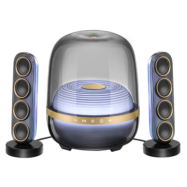 High Performance 130W Transparent 2.1 Wireless Speaker. Active Subwoofer for Deep Bass. Dual Satellites. 360° RGB Light Effects.