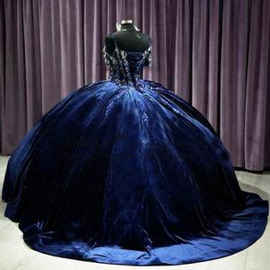 Navy Blue Velvet Ball Gown Sweetheart Neckline Empire Waistline Princess Style Evening Dress For Quinceanera Or Performance - Product Image 2