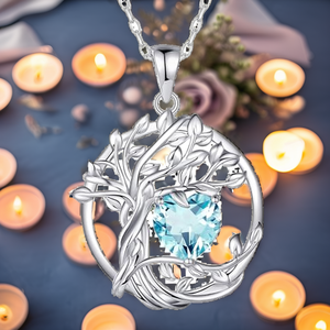 <b>Tree</b> Life Aquamarine Heart Shape Cut Silver Sterling Silver Luxury <b>Necklace</b> Women Birthstone Pendant - Product Image 2