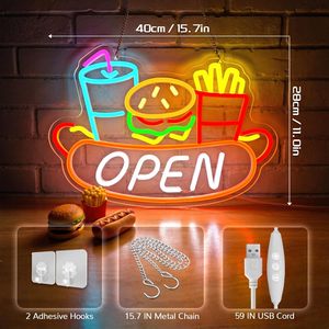 Open LED neon burger fries drink pattern restaurant fast food shop entrance <b>sign</b> indicator indoor hanging luminous <b>sign</b> 5V 12V - Product Image 3