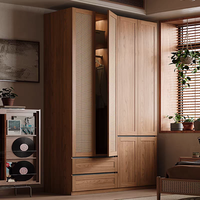 Armoire de chambre à coucher en placage de bois et rotin tressé, style Mid-Century, avec portes battantes, meuble de chambre, meuble sur mesure