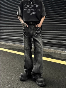 Hight Street Lightning Crack Denim Jeans Pantalones Sueltos Pierna Ancha Recta Vintage Jeans Sueltos Hombres - Product Image 2