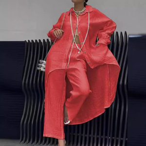 Ensemble décontracté pour femme, haut à manches longues et pantalon à ourlet irrégulier, rouge, polyester et élasthanne, style Europe-Amérique - Product Image 1