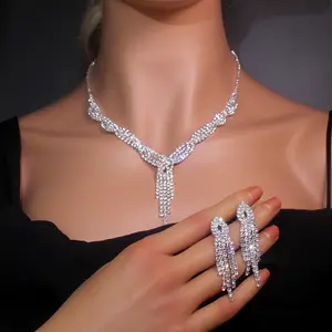 Fashion set rhinestone tassel necklace earrings 2-piece set bride necklace jewelry ladies wedding banquet accessories