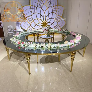 Mesa de comedor de media luna de acero inoxidable, de lujo, redonda, de vidrio, dorada