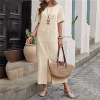 Robe d'été vintage en coton et lin, couleur unie, col ample, manches courtes, taille haute, coupe irrégulière pour femme - Grande promotion