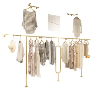 Boutique Garment Clothing Women Dress up Wall Mounted Stand Stainless Steel Gold Wall Mounted Clothing Display Rack