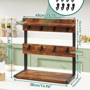 Vintage Distressed Wooden Cup <b>Rack</b> With Hooks 4 Layers <b>Kitchen</b> Storage Organizer For Mugs And Coffee Supplies - Product Image 3
