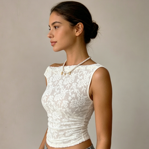 Top Corto Monospalla in Pizzo Floreale Bianco Personalizzato all'Ingrosso, <span class=keywords><strong>Blusa</strong></span> Sexy Trasparente in Rete da Donna, Abbigliamento Y2K da Club, Produttore OEM - Product Image 2