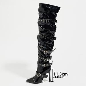 Bottes de moto punk pour femme, à talons hauts, au-dessus du genou, à bout pointu, cloutées, avec fermeture éclair et boucle de ceinture, pour l'hiver - Product Image 6