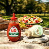 Bouteille en plastique transparente pour miel et moutarde, avec bec verseur anti-goutte et couvercle refermable, personnalisable avec logo, pour service de table en restaurant (vente en gros)