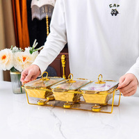 Ensemble de 3 réchauds en céramique martelée dorée avec couvercle en verre et support chauffant doré, réchaud rectangulaire pour buffet, idéal pour la restauration