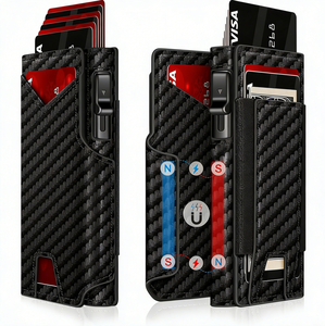 Portafoglio Sottile con Blocco RFID <span class=keywords><strong>e</strong></span> Apertura Pop-up, <span class=keywords><strong>Porta</strong></span> <span class=keywords><strong>Carte</strong></span> in Alluminio con Custodia in Pelle PU, Portacarte Minimalista per Uomo, Logo OEM - Product Image 1