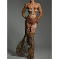 Robe longue sexy fendue en dentelle tissée imprimé léopard pour femme, élégante, patchwork, en mousseline, sans manches, dos nu, respirante, pour la plage ou les soirées