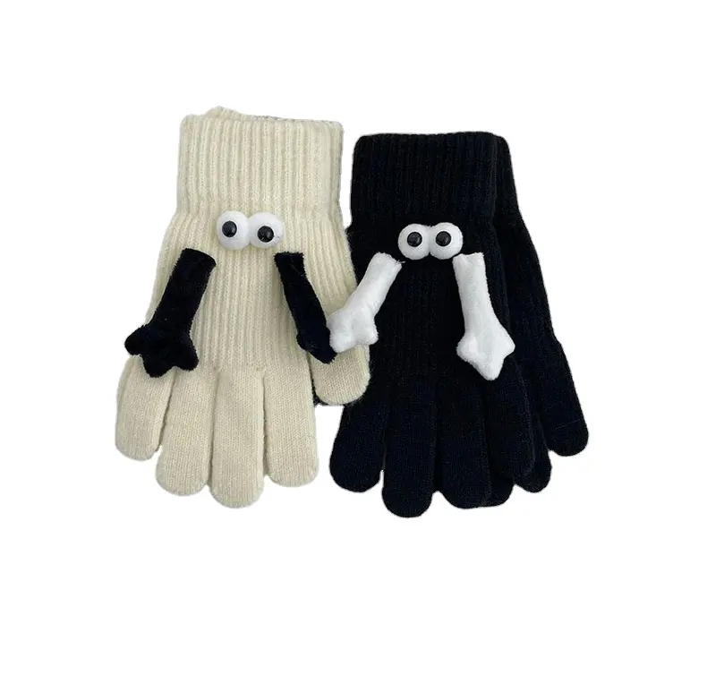 Otoño invierno divertido negro blanco pantalla táctil pareja guantes de mano magnéticos