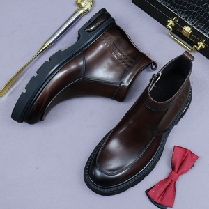 Bottes Martin en cuir de veau souple pour hommes, bottes courtes à semelle épaisse en cuir véritable, bottes Chelsea à fermeture éclair mi-mollet, tendance - Product Image 4