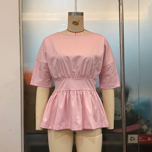 Atasan Peplum Musim Panas Channel 2026 untuk Wanita, Blus Kasual Bisnis dengan Ikat Belakang, Lengan Pendek, dan Pinggang Terikat - Product Image 5