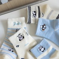 Chaussettes mi-mollet décontractées en coton brodé motif panda mignon, rayées bleu et blanc, respirantes, pour femme, idéales au quotidien (vente en gros)