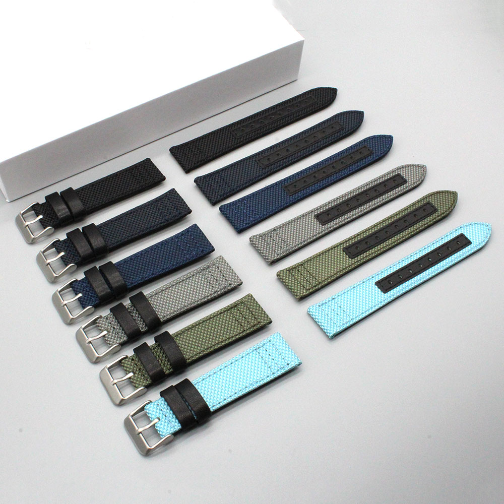 20mm Luxury Two Piece Watchband Quick Release Leather + Fabric Canvas Cordura Watch Straps Khaki Green Wrist Band