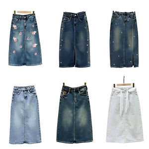 Jupe en jean mi-longue personnalisable à fente avant pour femme, en coton respirant de haute qualité, vêtement féminin tendance - Product Image 1