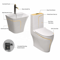 WC monobloc moderne de luxe avec bordure dorée, chasse d'eau à double débit par siphon, siphon en P, en céramique pour salle de bain
