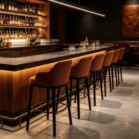 Chaise de bar moderne minimaliste de luxe, tissu, structure en bois massif, tabouret de bar haut pour îlot de cuisine, bar, hôtel, salle à manger, club