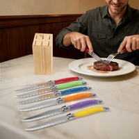 Set Pisau Steak Stainless Steel 6 Buah dengan Blok Kayu Pinus, Pegangan Plastik Berwarna, Bilah Baja Seri 2Cr, Desain Ambidextrous, untuk Penggunaan di Rumah