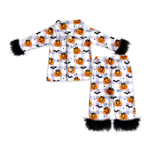 Conjuntos de pijamas de otoño para niñas pequeñas, pantalones con estampado de Halloween y botones, pantalones de manga larga con ribete de piel, ropa de descanso - Product Image 2