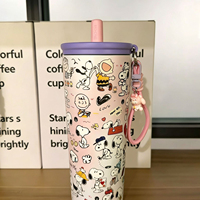 Gobelet isotherme Snoopys en acier inoxydable 304 avec paille et sangle de transport, grande capacité, pour eau froide et café