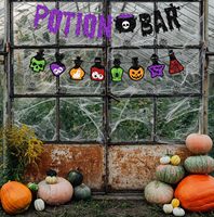 Bannière de bar à potions scintillantes, décorations de fête d'Halloween sur le thème de la maison hantée et des sorcières, bannière de fête d'Halloween, fête sur le thème des potions d'Halloween