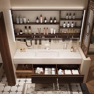 Retro bathroom cabinet with stone and rock slab countertop ceramic integrated basin intelligent <b>mirror</b> cabinet with light - Product Image 4