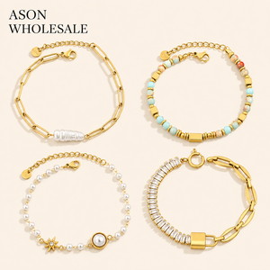 Pulseras de Acero Inoxidable para Mujer al por Mayor, Chapadas en Oro de 18K, con Perlas, Piedras, Circonitas y Cadena de Clip - Product Image 1