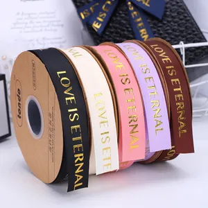 Wholesale Custom Gross Grain Ribbon With Logo 2.5cm Gold Foil Printed Satin Ribbon Logo Grosgrain Silk Ribbon For Gift Wrap