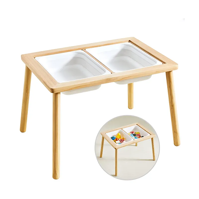 Mesa de estudo infantil de madeira montessori moderna, mesa sensorial com caixas para brincar