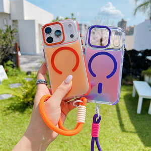 Funda Magnética para Teléfono con Correa de Muñeca y Degradado Láser Arcoíris para iPhone 17 16 15 Pro Max, Carcasa Trasera Antigolpes con Correa IMD - Product Image 1